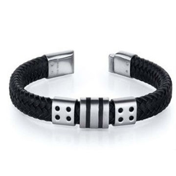 Pulsera de cadena de fábrica al por mayor FH-49 Mens Negro tejido de cuero pulsera de acero inoxidable rayado